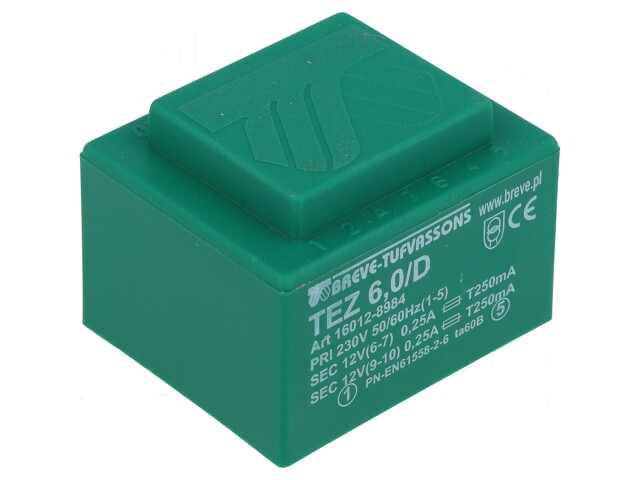Transformator: ingegoten; 6VA; 230VAC; 12V; 12V; 250mA; 250mA; PCB Transformator: ingegoten; 6VA; 230VAC; 12V; 12V; 250mA; 250mA; PCB